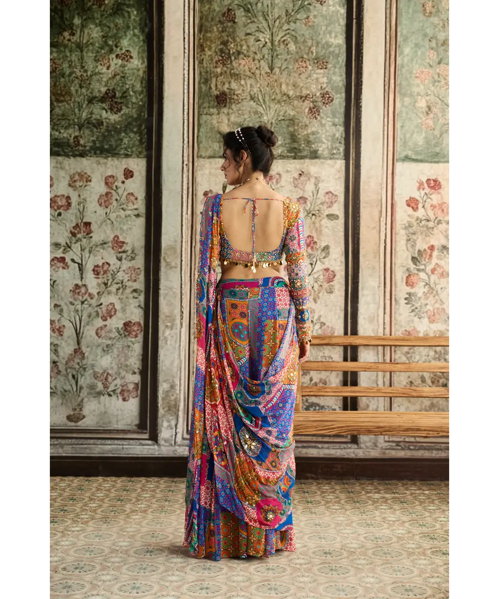 DIYARAJVVIR - MULTI-COLOR  PRINT AND HIGHLIGHTED PLUNGE NECKLINE BLOUSE WITH SHARARA SAREE SET